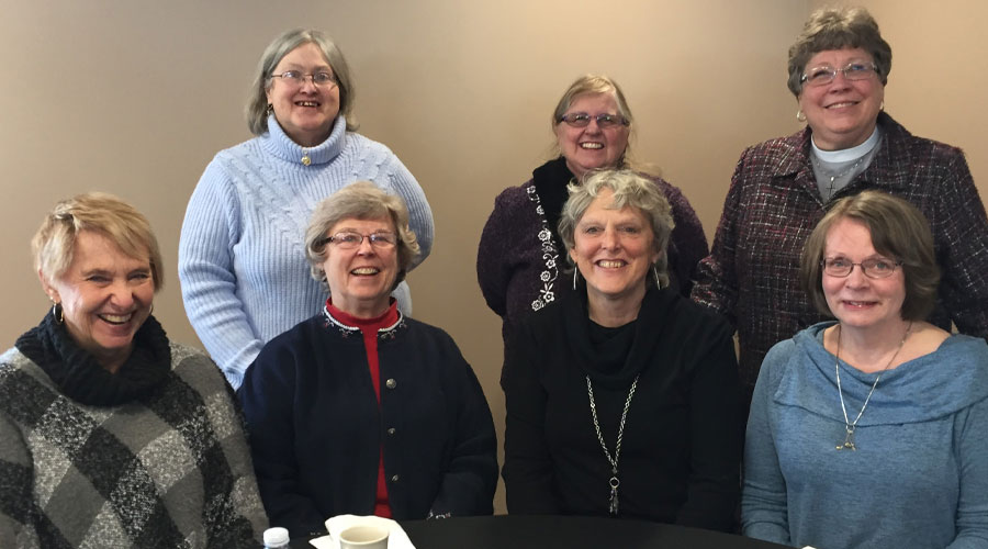 Group photo from 2018 [front, L to R]: Diane Lempke ’69, Mary (Loken) Veiseth ’70, Linda (Radtke) Karkhoff ’70, Paulette (Olson) Odegaard ’70. [Back, L to R]: Susan (Olson) Williams ’70, Mary Ellen Buss ’70, Linda Larson ’70.